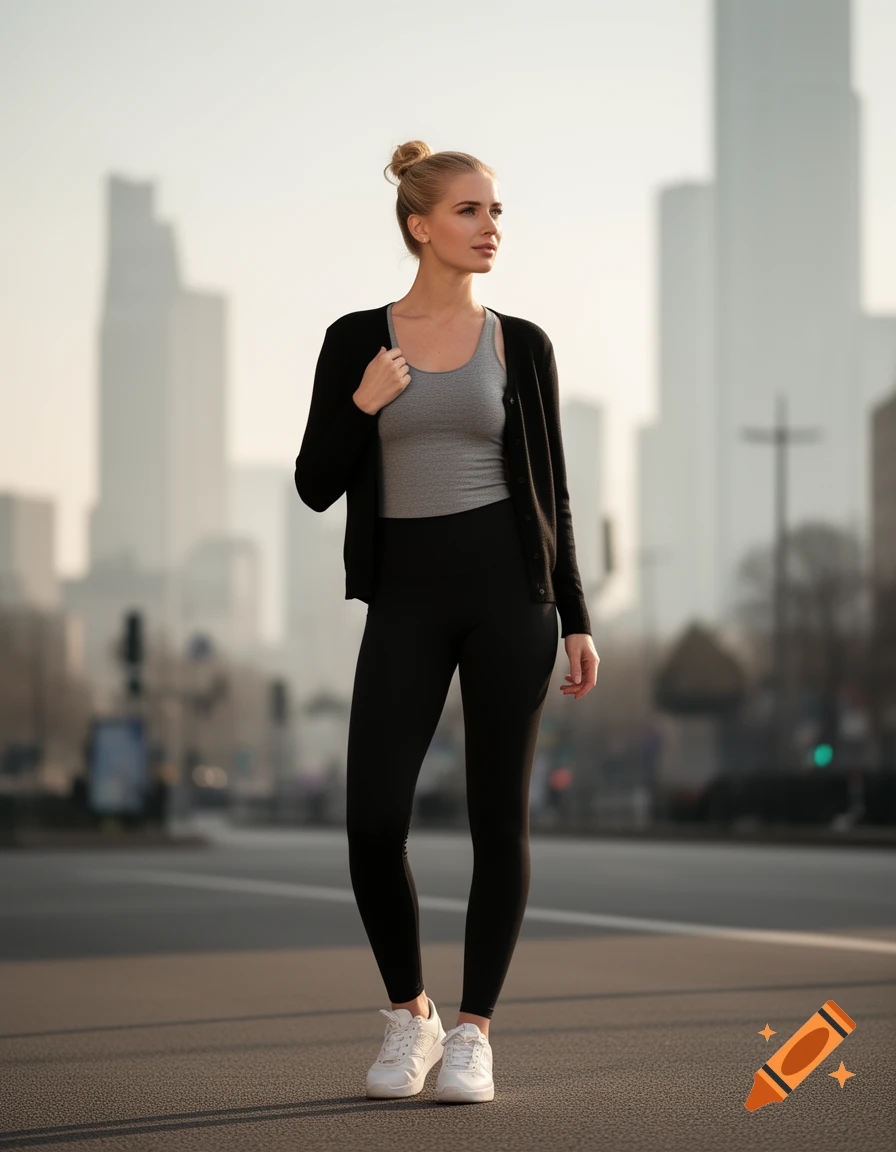 Blonde woman in a bun, black cardigan, grey vest, black yoga pants, and white trainers stands on a city street.