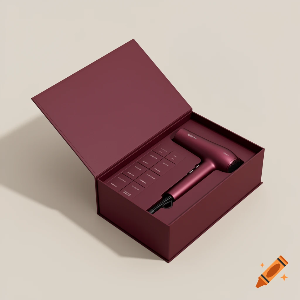 A maroon hairdryer with a black cord rests in a matching open maroon box, with small product labels visible inside, against a light background.
