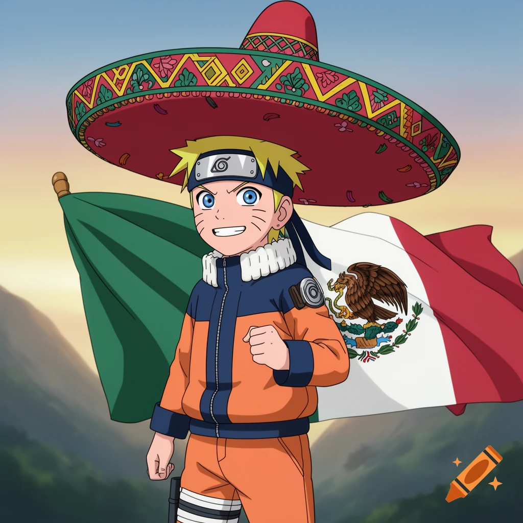 Naruto character wearing a large, ornate Mexican sombrero and holding a Mexican flag against a mountainous background in anime style.