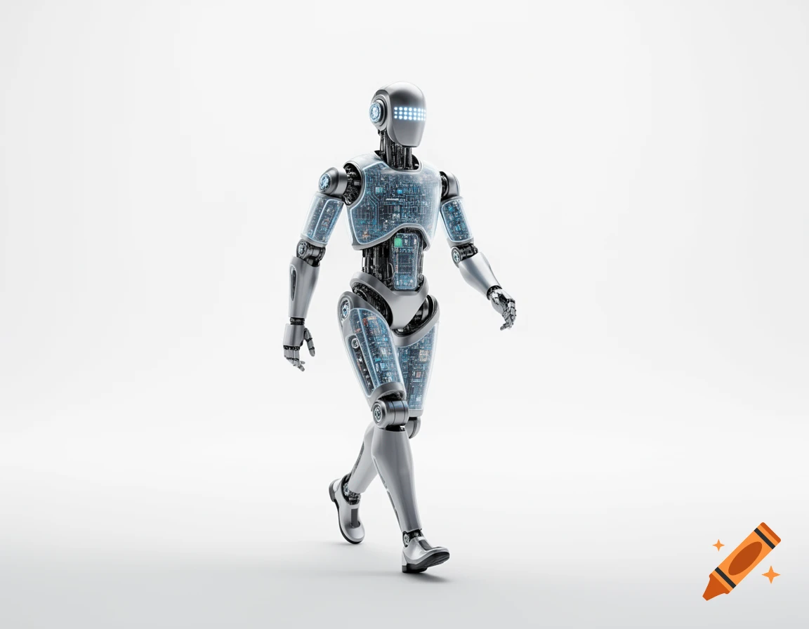 A photorealistic, silver and transparent robot with glowing blue circuits walks against a white background.
