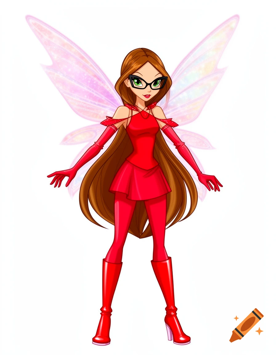 A Winx Club-style cartoon fairy named Amanda with long brown hair, black glasses, green eyes, wearing a red miniskirt, top, gloves, and boots with pastel wings.