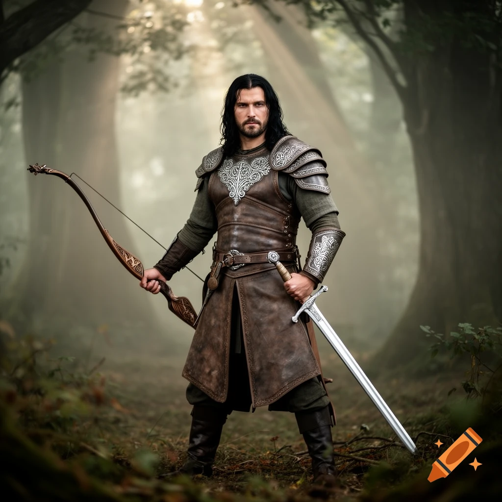A man with dark hair and a beard, wearing brown leather and silver fantasy armor, holding a bow and a longsword in a misty forest.