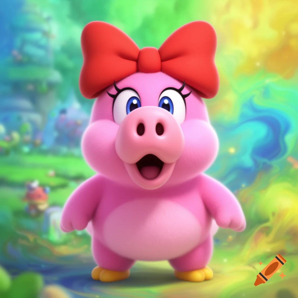 A cute, pink, pig-like cartoon character with a red bow and wide blue eyes stands with an open mouth in a blurred colorful background.