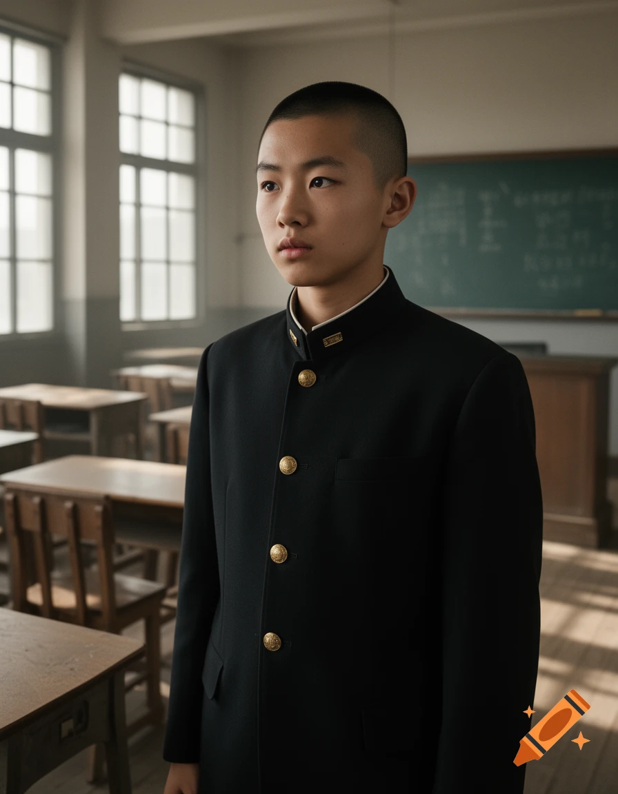 A young East Asian male student with a buzz cut wears a black traditional school uniform with gold buttons, looking left in a sunlit, empty classroom.