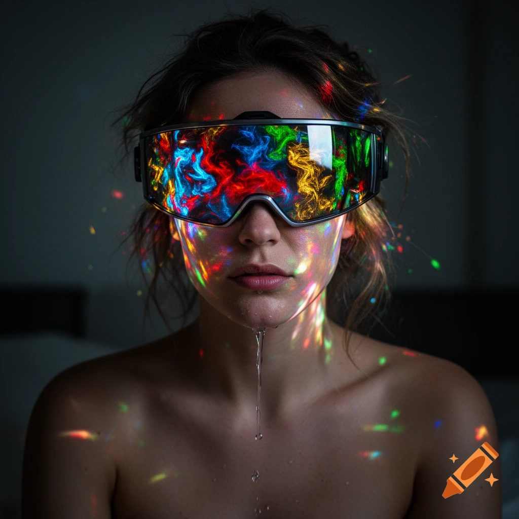 A woman wears a futuristic visor displaying chaotic colorful patterns, with matching lights reflecting on her face as water drips from her chin.