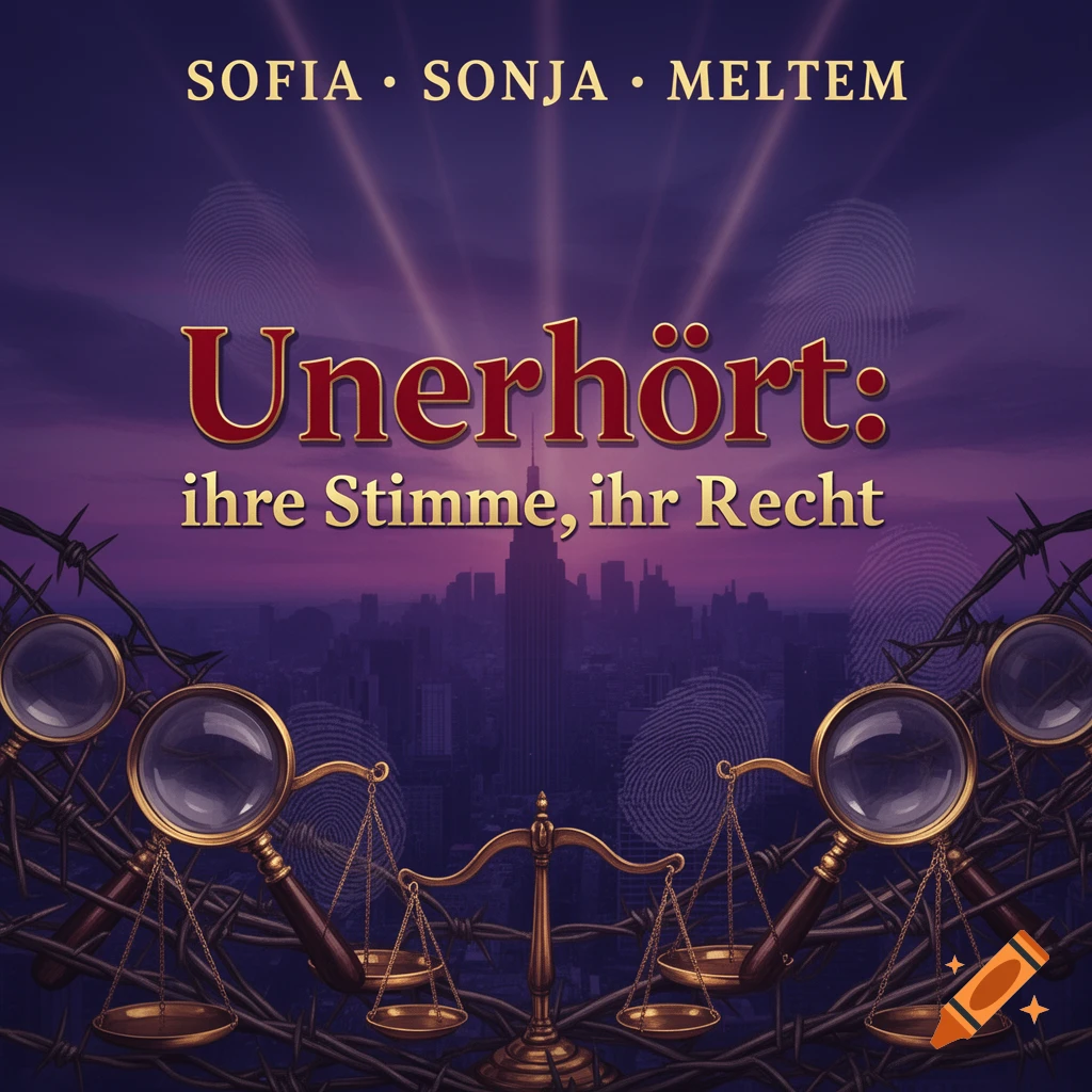 Podcast cover with scales of justice, magnifying glasses, barbed wire, and fingerprints over a city skyline at dusk. Text: 'Unerhört: ihre Stimme, ihr Recht'.