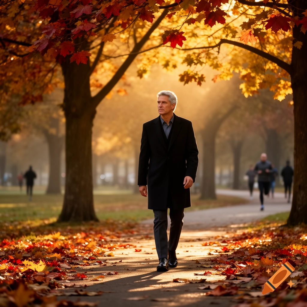 A man with gray hair walks on a path covered in fallen autumn leaves in a sunlit park.