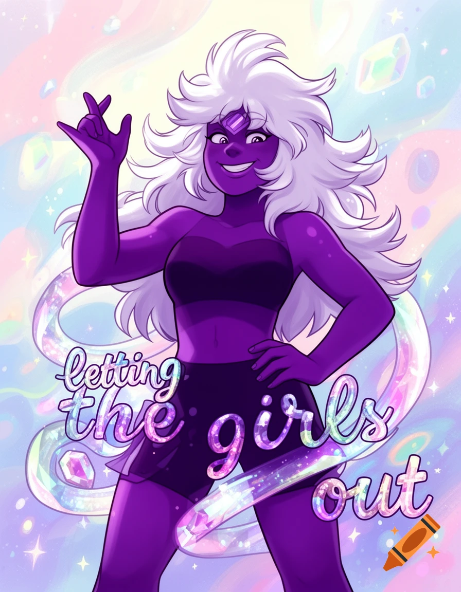 Amethyst from Steven Universe in a purple top and shorts, smiling and posing against a pastel background with crystals. Text reads 'letting the girls out'.