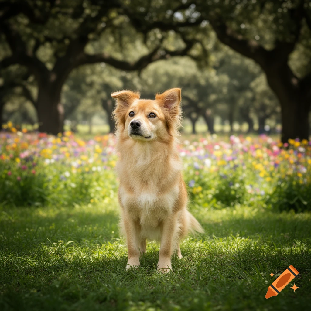 A light brown dog sits attentively in a grassy field filled with colorful wildflowers, with blurred trees in the background.