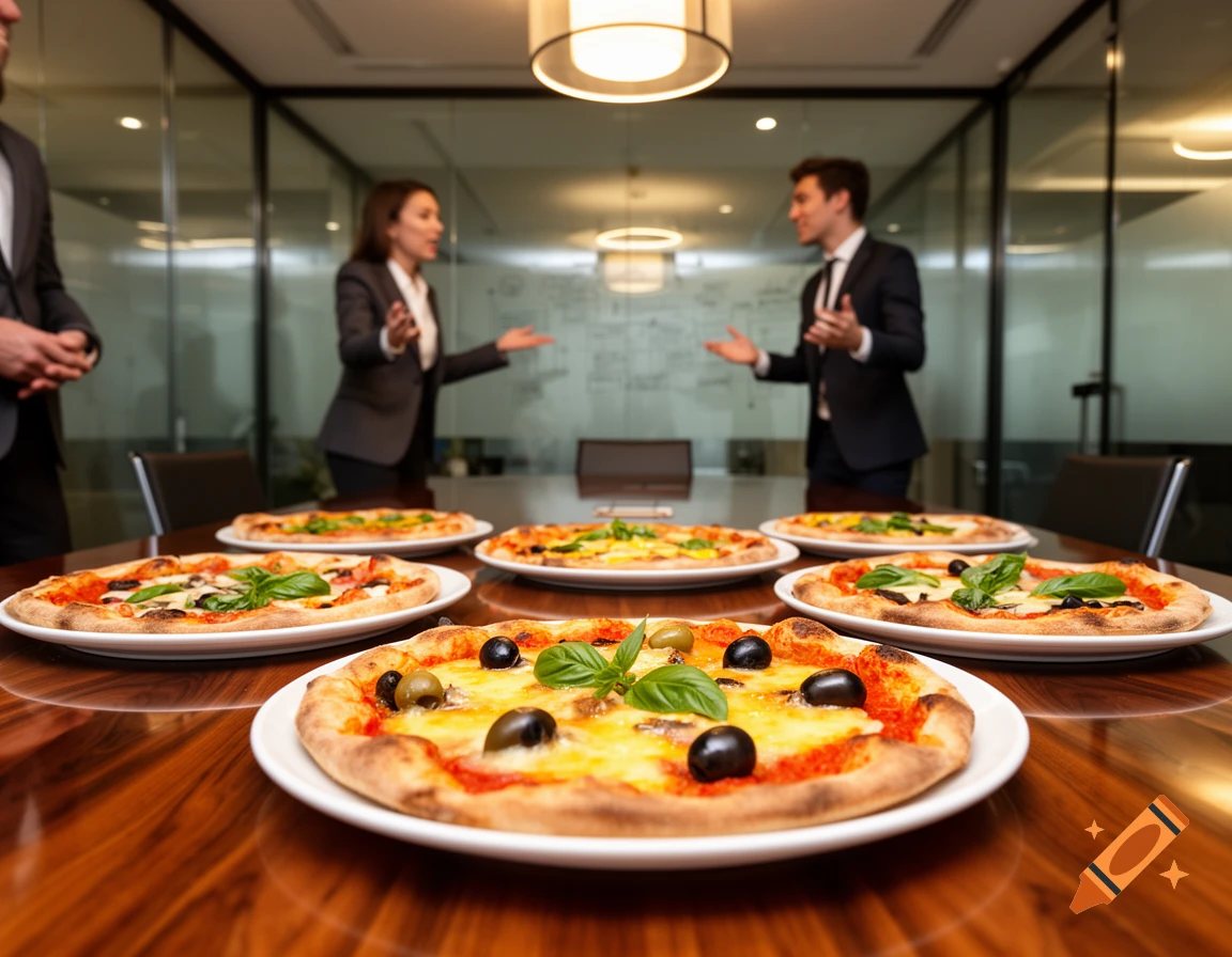Several pizzas on a glossy table in an office, with two businesspeople talking in the blurred background. Photorealistic.