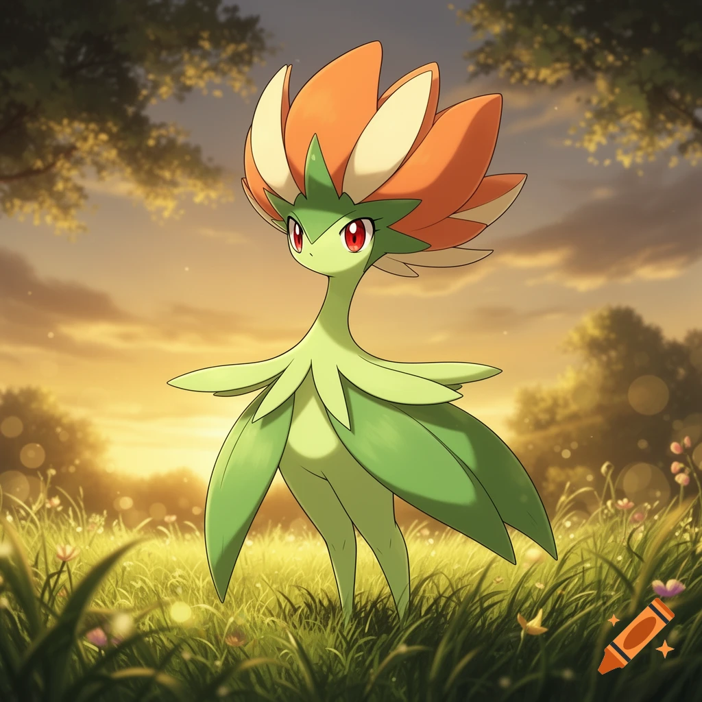 A green, plant-like Pokémon with orange and cream petals on its head stands in a sunny grassy field with trees.