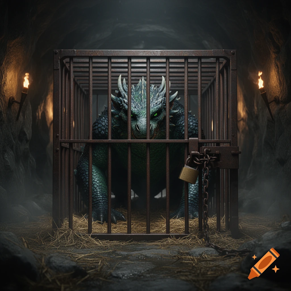 A fierce green and black dragon with glowing green eyes is confined in a rusty metal cage inside a dark, torch-lit cave, sitting on hay.