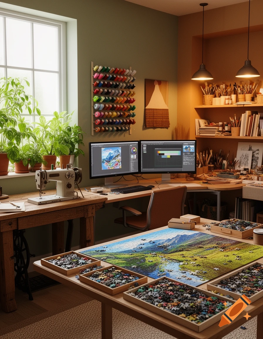 A brightly lit, organized hobby room with a sewing machine, two computer monitors, art supplies, and a large partially completed landscape puzzle on a central table.