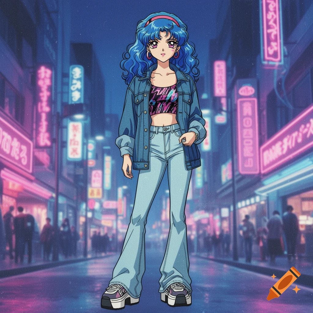 An anime girl with blue curly hair in 90s fashion (denim jacket, crop top, flare jeans) stands on a neon-lit city street at night.