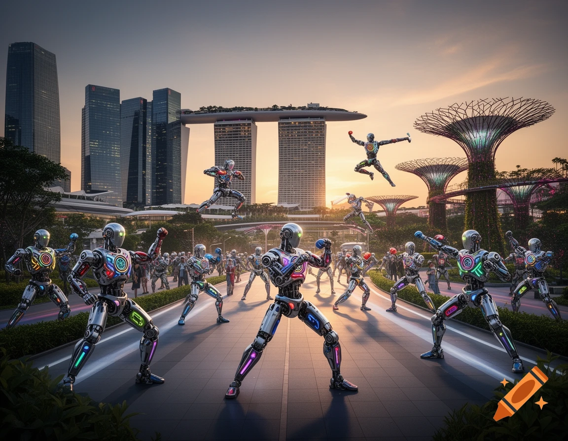 Photorealistic image of glowing kung fu robots posing in a modern Singapore cityscape at sunset, with Marina Bay Sands and Supertrees in the background.