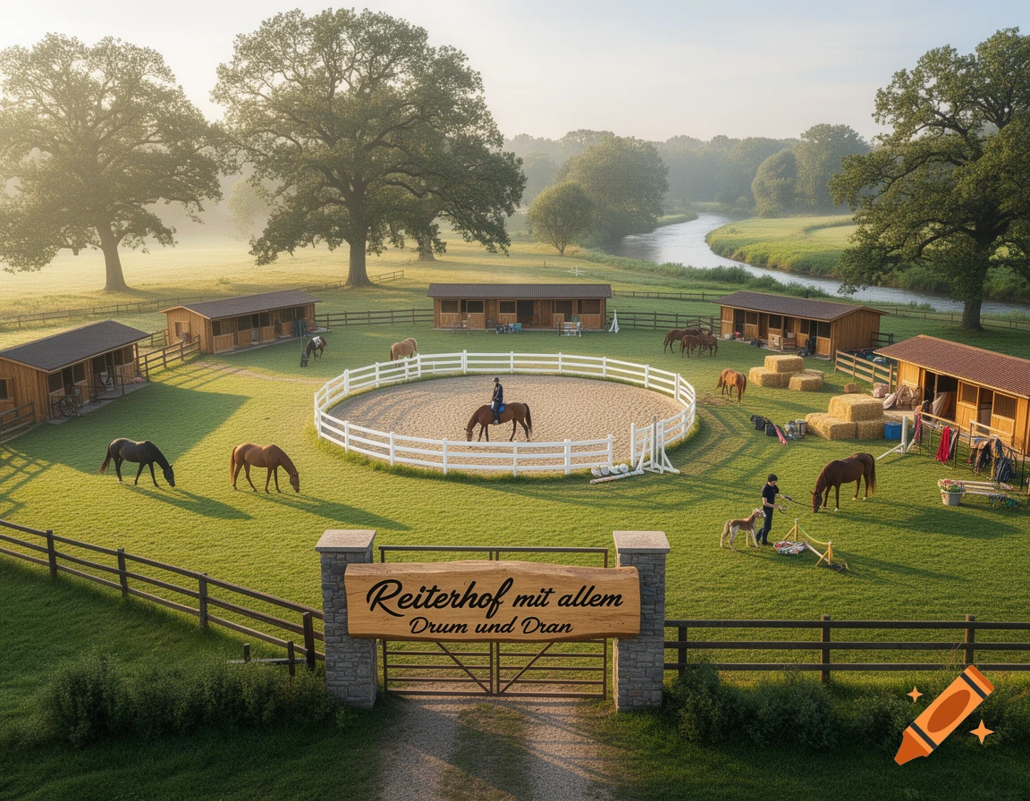 Aerial view of a sunny horse farm with stables, horses grazing and ridden in a round pen, and a river winding through the background.