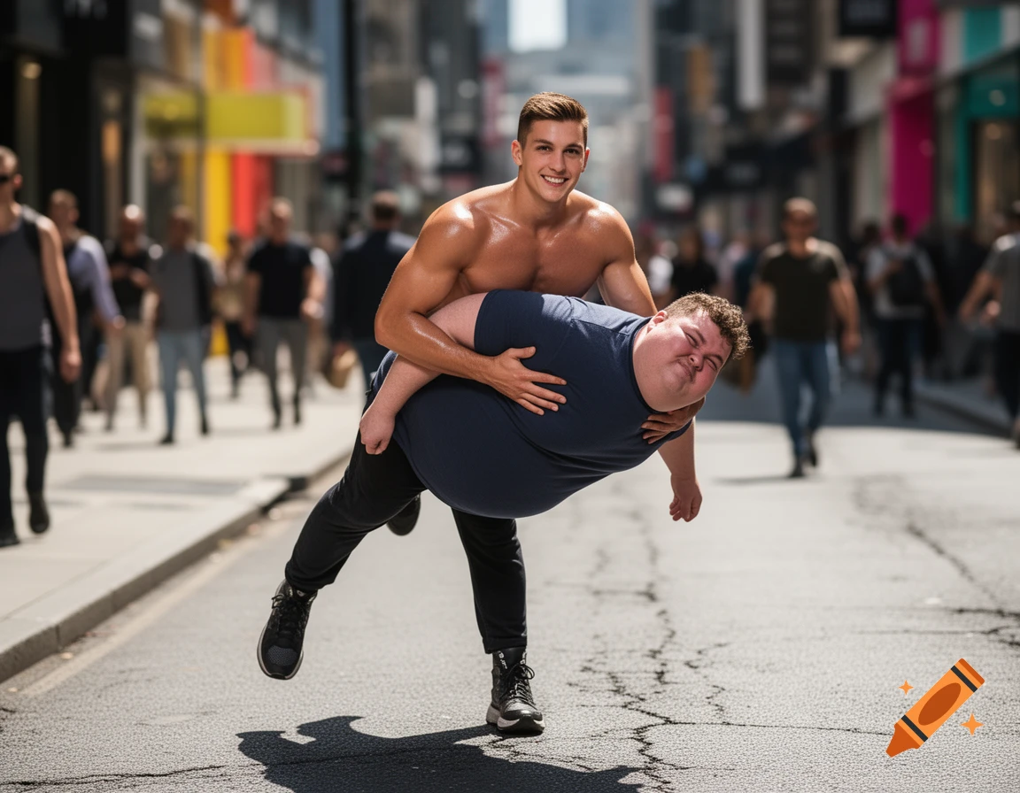 A muscular shirtless man carries an overweight man piggyback down a city street, both smiling.