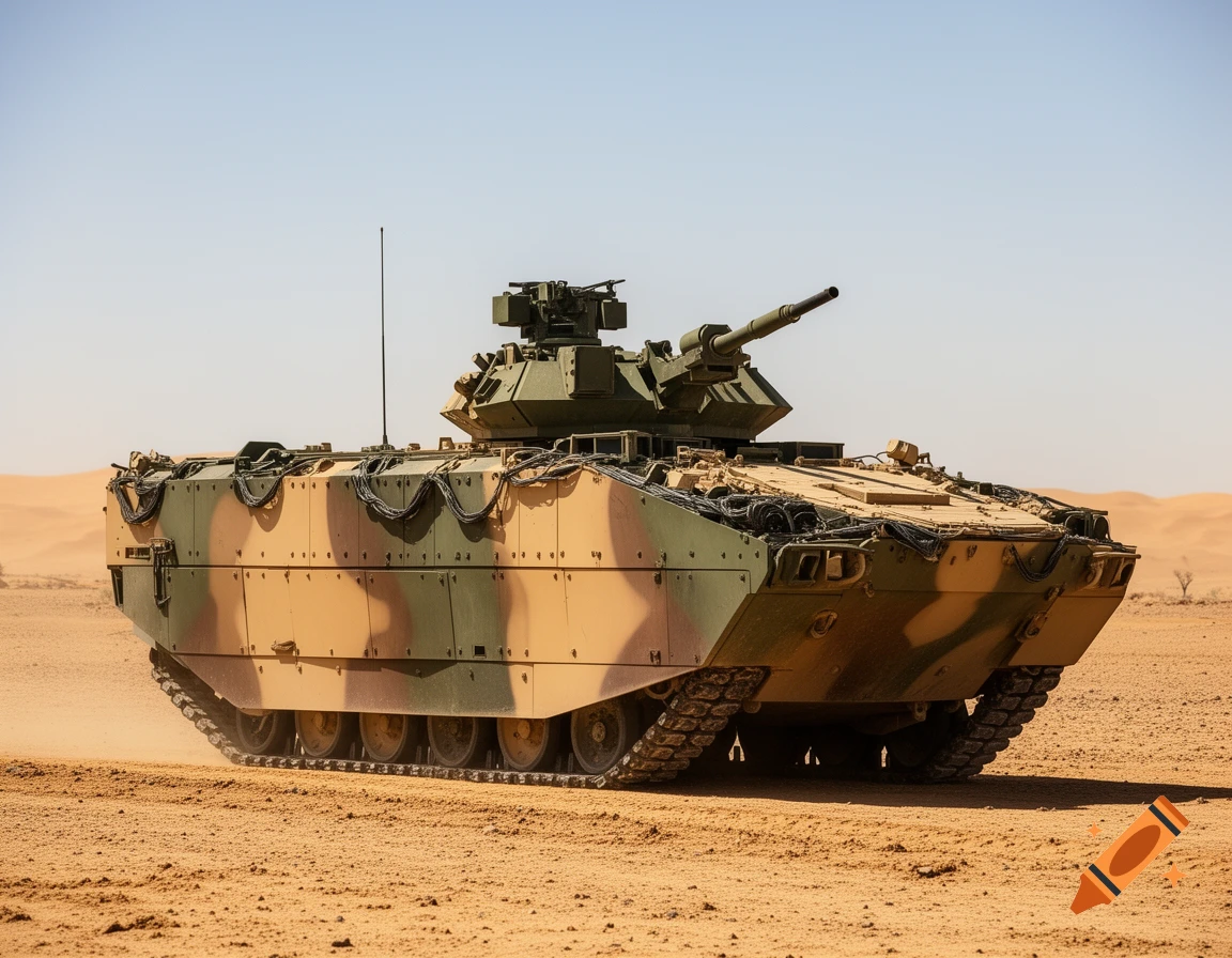 A modern, camouflaged military armored vehicle with a turret and cannon stands in a sandy desert under a clear sky.