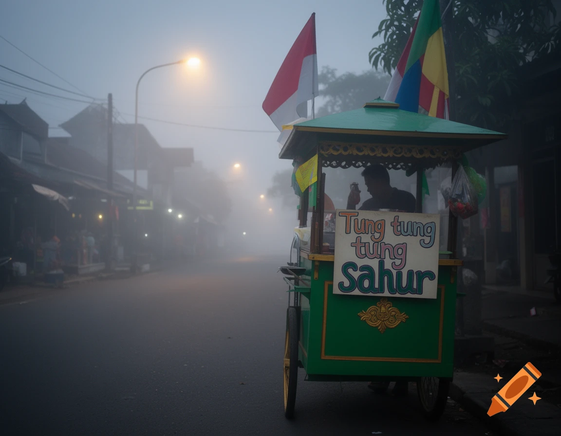 A green vendor cart with a sign in a foggy street, illuminated by a street lamp, with a person silhouetted inside. Photorealistic.