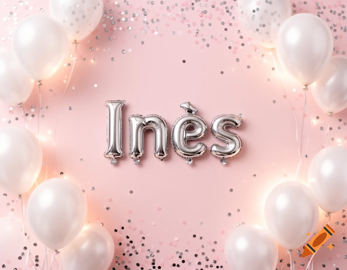 Top-down view of a pink pastel background with white balloons, silver confetti, and the name 'Inès' in silver balloon letters.