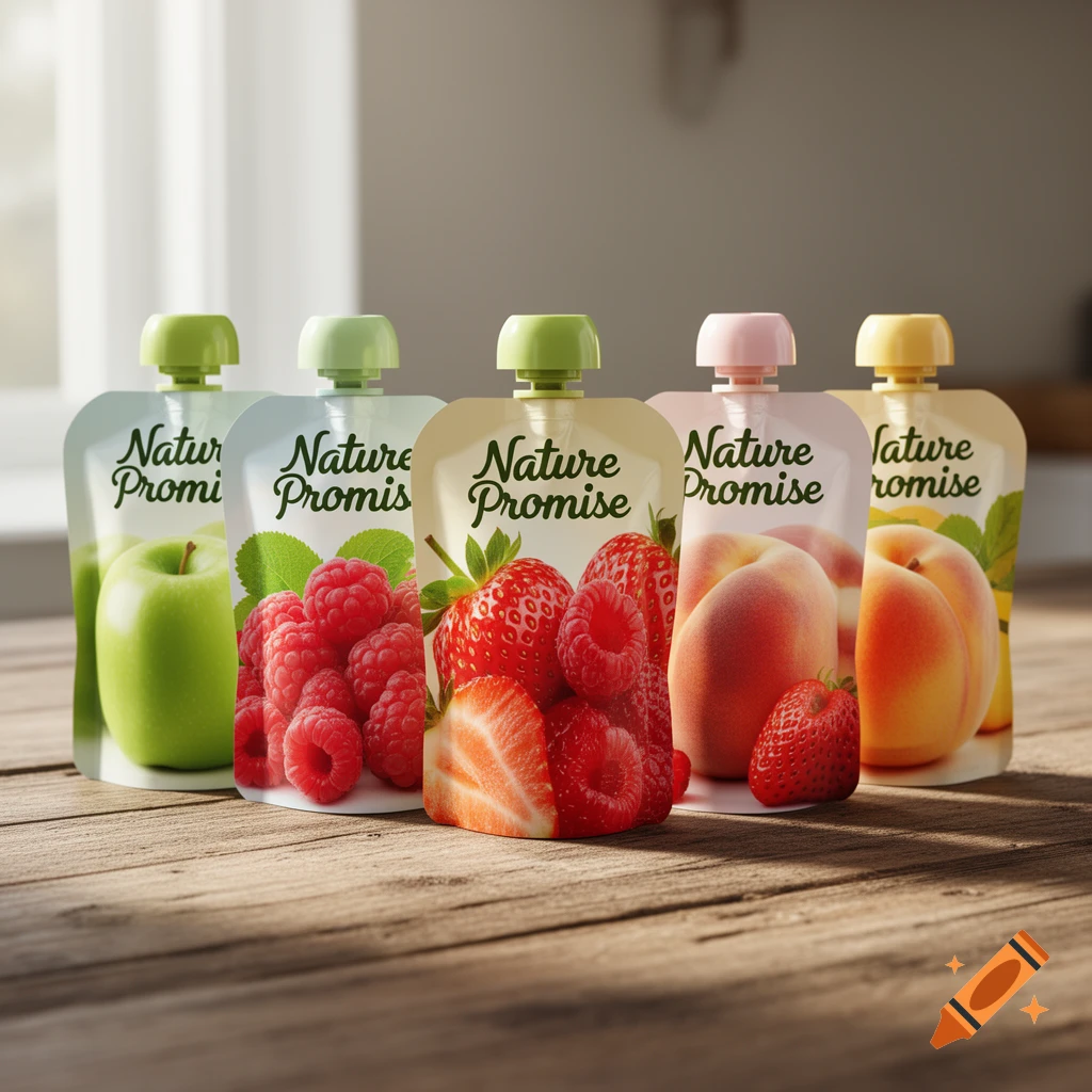 Five baby food pouches featuring green apple, raspberry, strawberry, and peach fruit designs on a wooden table.