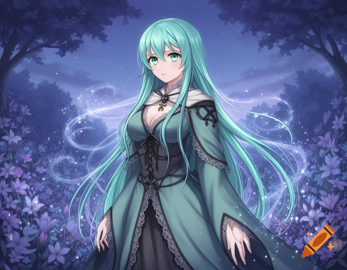 An anime woman with long teal hair and a medieval-style teal dress stands in a magical blue forest at night, surrounded by glowing particles.