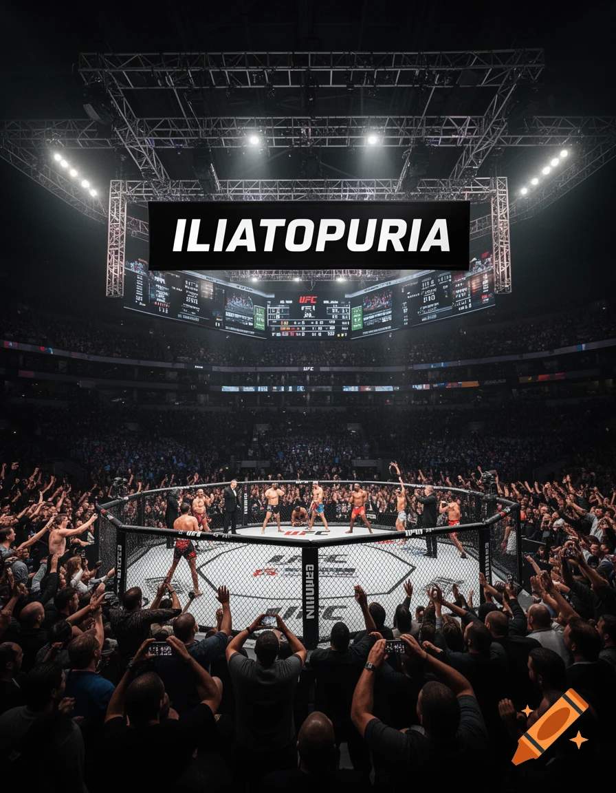 MMA fight in an octagon cage inside a dark, lit arena with a cheering crowd. Banner above reads "ILIATOPURIA".