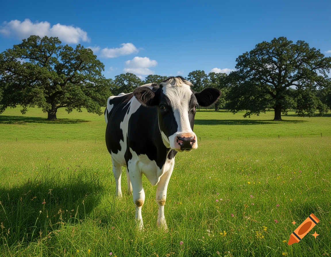 A black and white cow stands in a sunny green pasture with large trees under a blue sky.