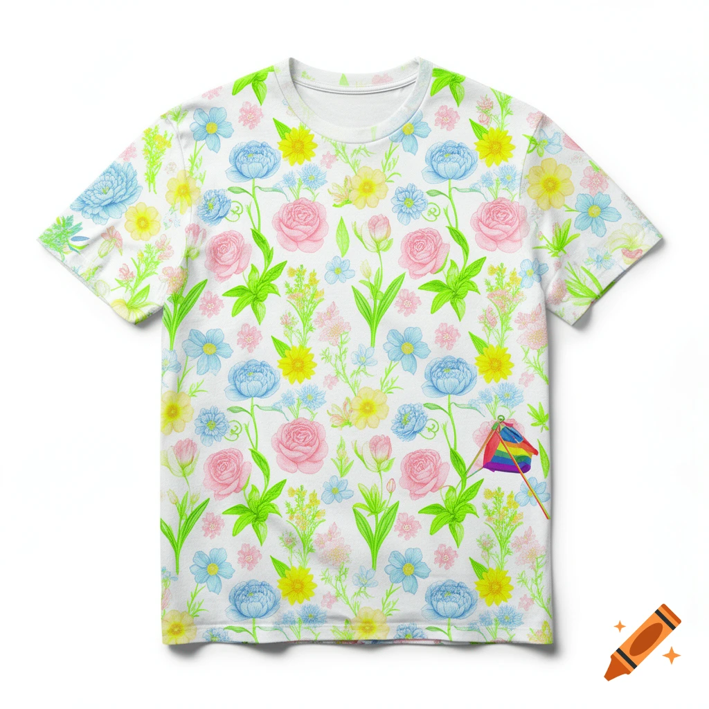 A white men's t-shirt with an all-over pastel floral pattern of roses, peonies, lilies, and wildflowers, featuring a subtle rainbow pride flag integrated into one of the flower stems.