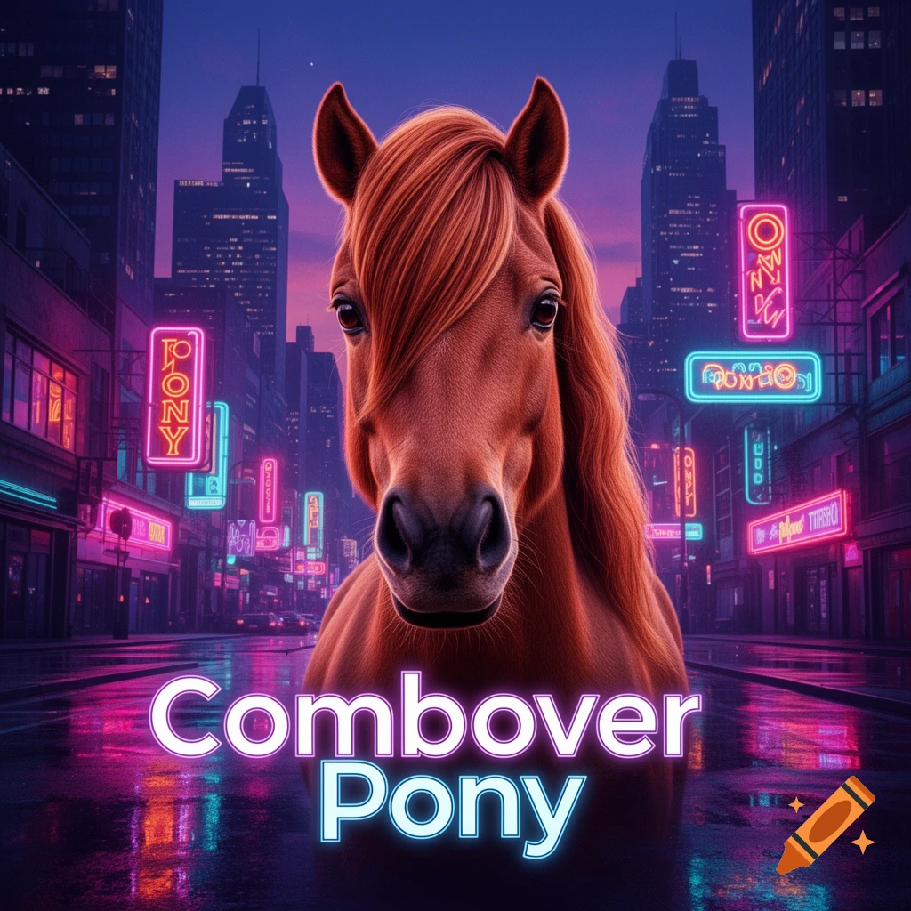 A brown horse with a comb-over mane stands prominently in a neon-lit cityscape. The words "Combover Pony" glow in neon at the bottom.