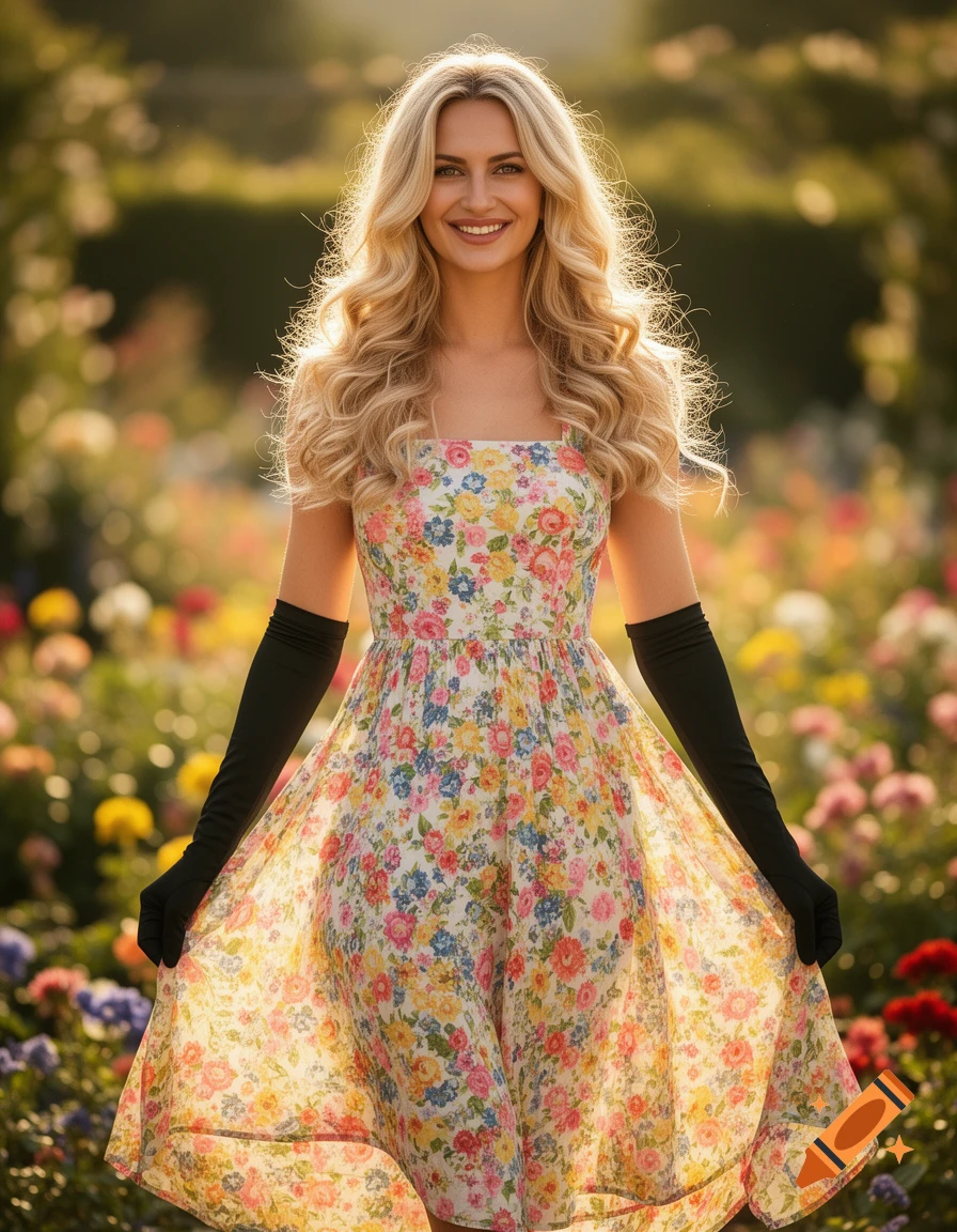 Smiling blonde woman in a floral sundress and long black gloves stands in a sunny garden filled with colorful flowers.