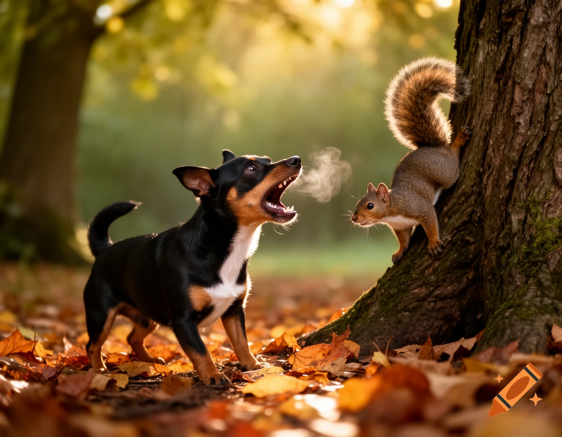 A small black and tan dog barks at a squirrel clinging to a tree trunk, surrounded by vibrant autumn leaves in warm sunlight.