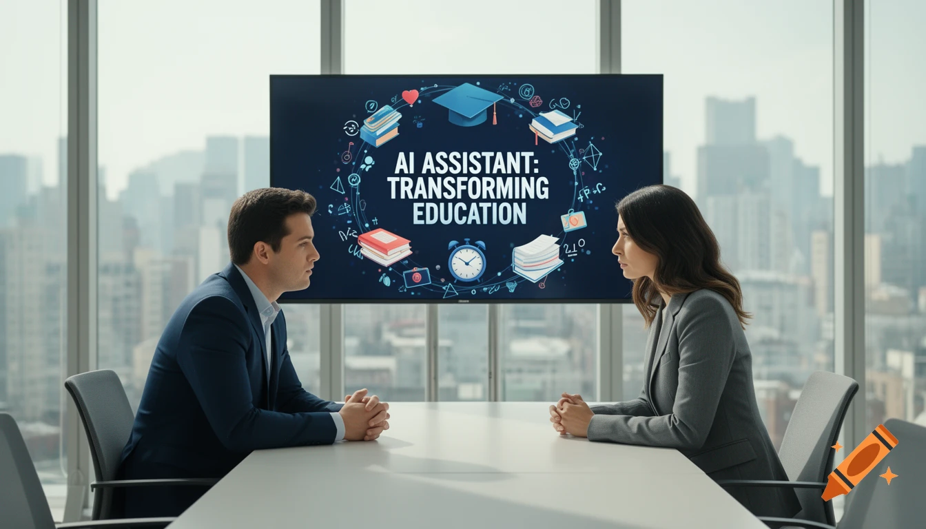 Two professionals in a modern office facing a screen that displays 'AI Assistant: Transforming Education' with a city skyline.