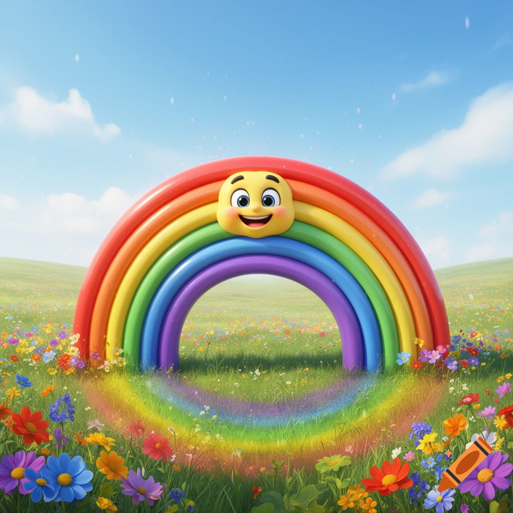 A smiling yellow cartoon face on a vibrant rainbow arch in a field of colorful wildflowers under a blue sky.