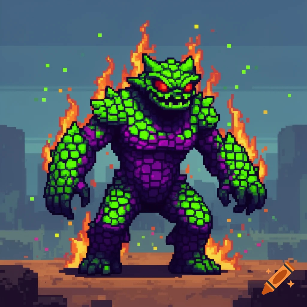 A menacing green and purple pixel art monster with red eyes stands amidst flames.
