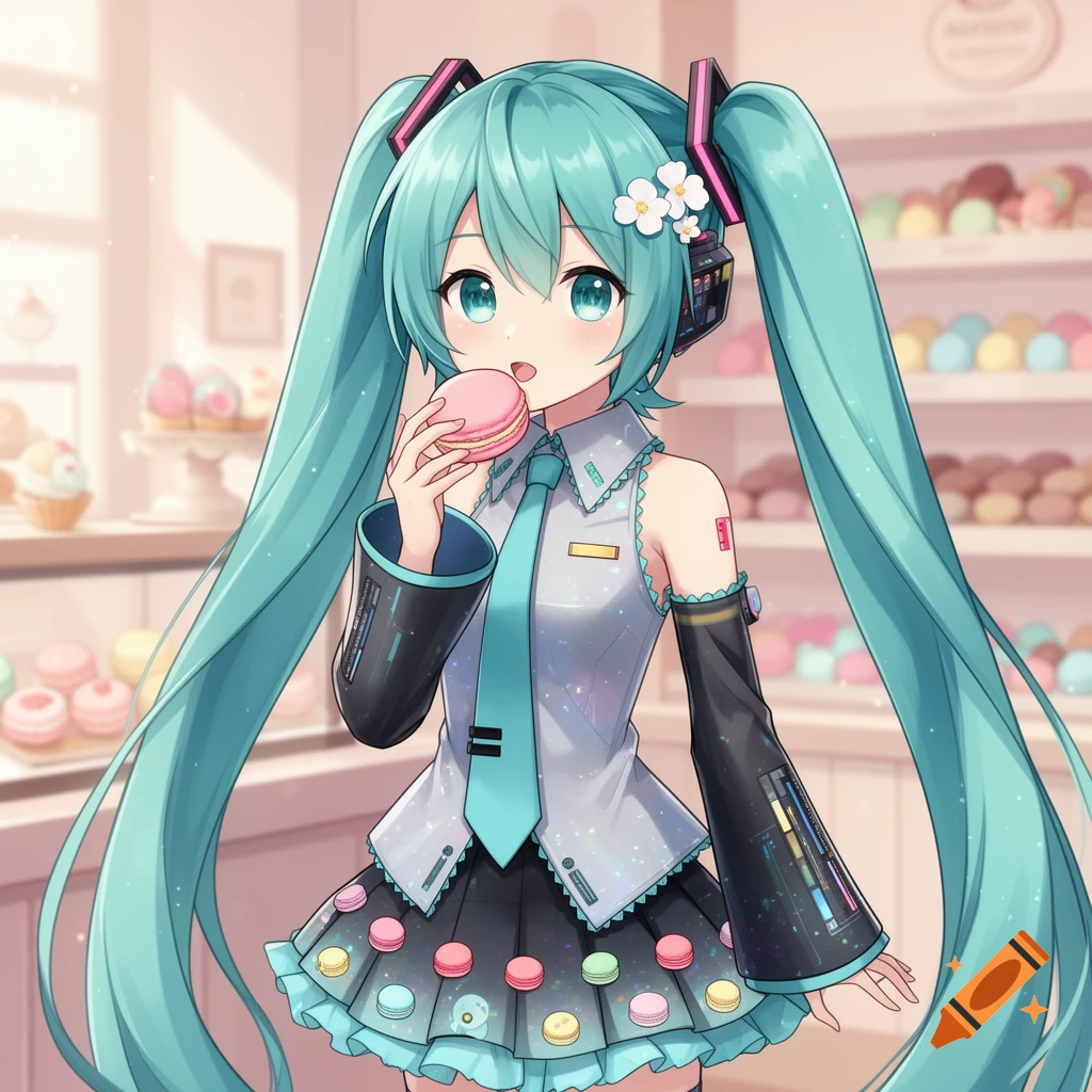Hatsune Miku with long teal pigtails, wearing her signature outfit, eats a pink macaron in a pastel-colored bakery.