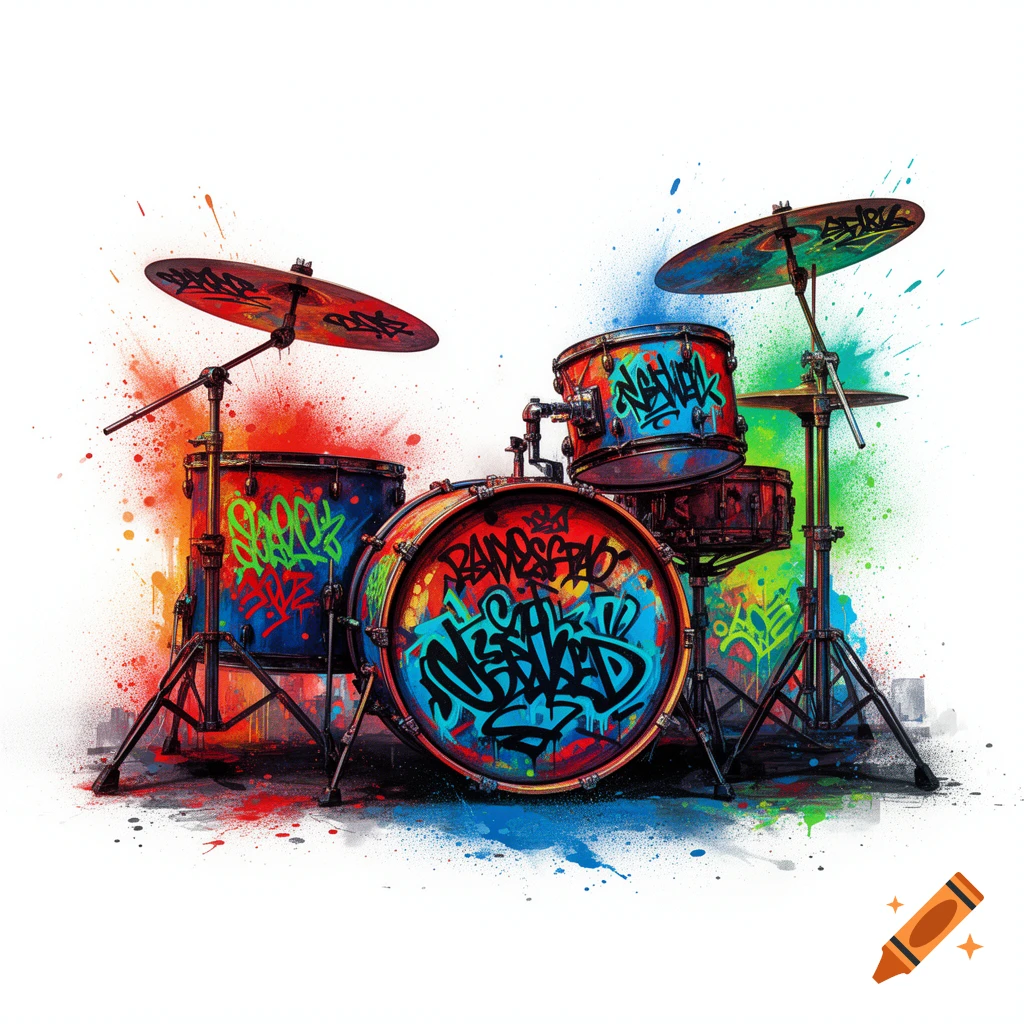 Colorful graffiti-style drum kit with paint splatters on a white background.