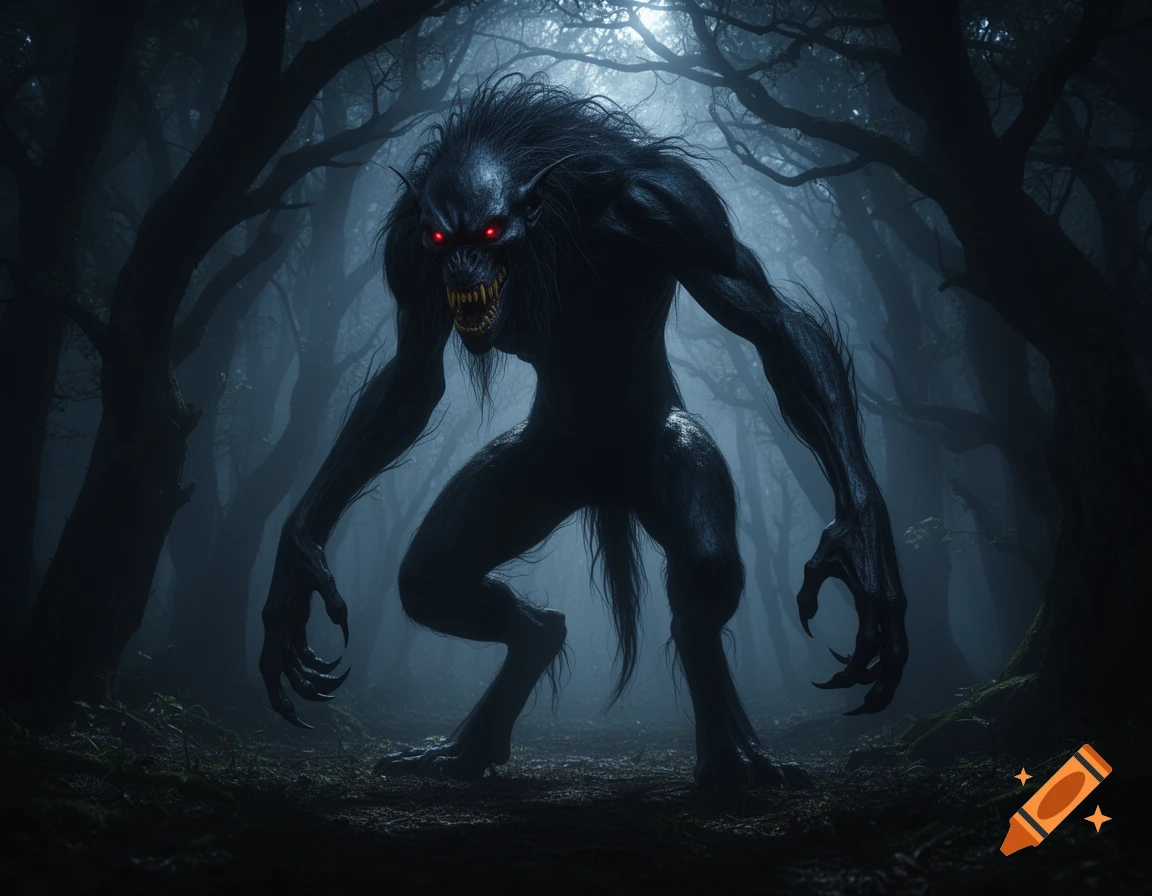 Dark, photorealistic image of a black wendigo monster with glowing red eyes and sharp yellow teeth in a foggy forest.