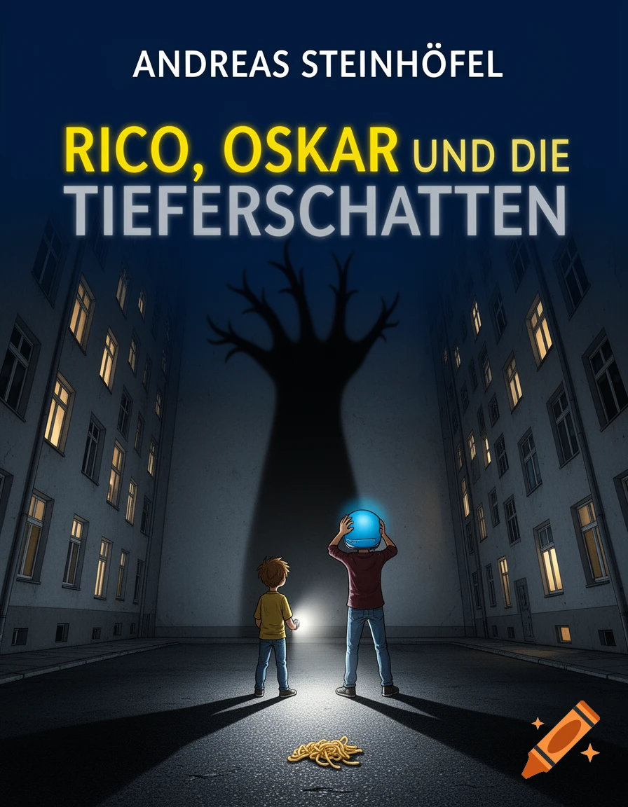 Two boys in an urban courtyard at night face a large monster shadow. One holds a flashlight, the other a glowing blue helmet. Book cover art.