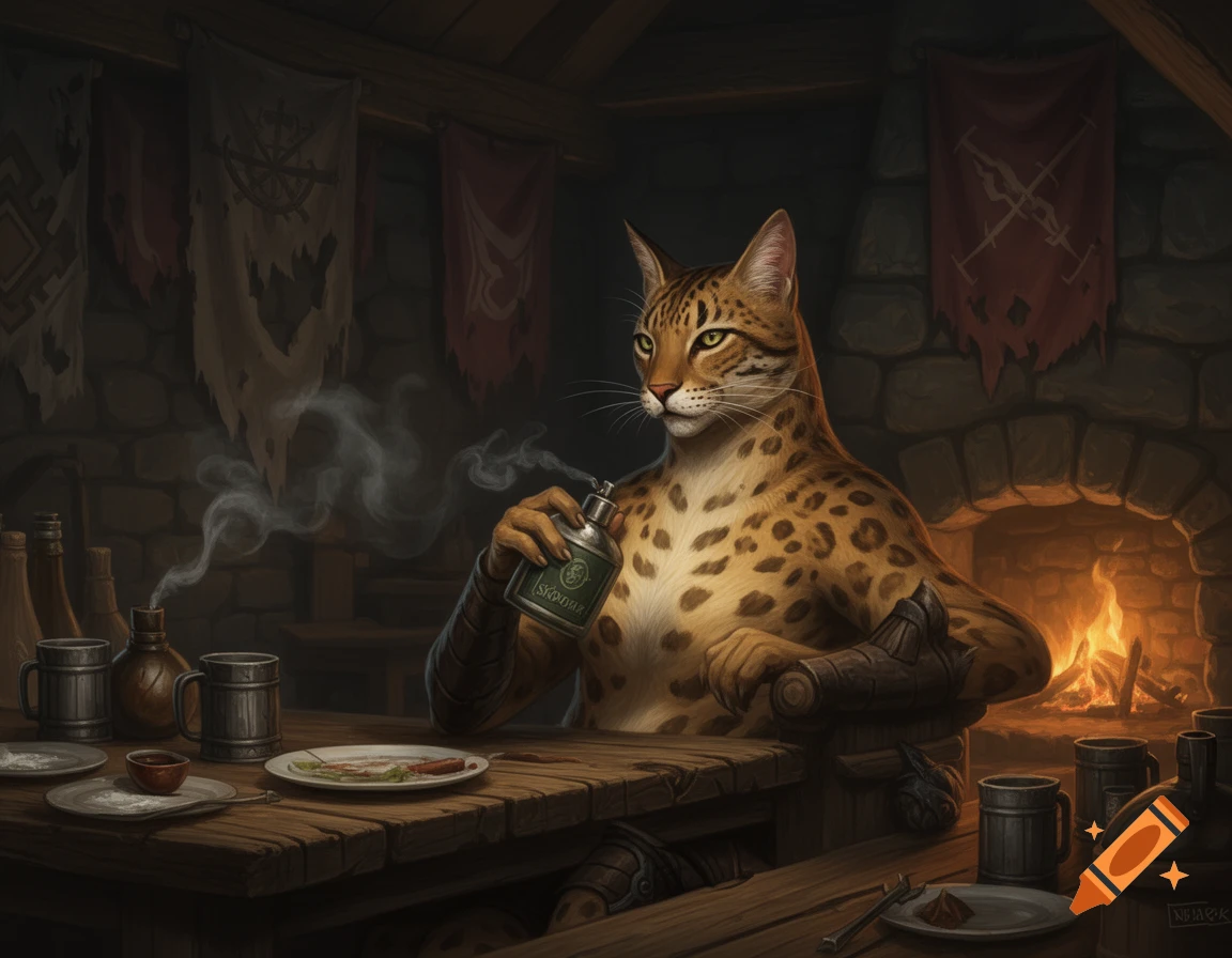 An anthropomorphic leopard-spotted cat-like creature in a dimly lit tavern, holding a smoking potion bottle at a wooden table, with a fireplace in the background.