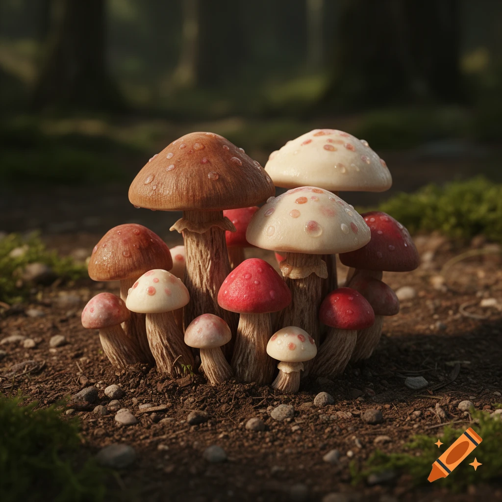 A cluster of diverse mushrooms, some reddish-brown and others cream with red spots, covered in water droplets on a forest floor.