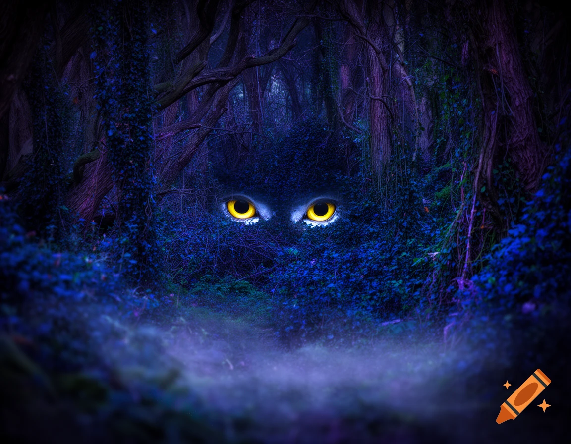 A pair of glowing yellow eyes stares out from a dense, dark, blue and purple forest, shrouded in mist.