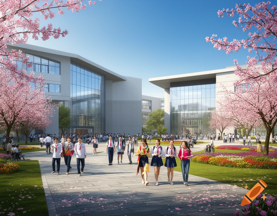 Photorealistic image of a vibrant Chinese high school campus on a sunny day with students walking, modern buildings, and pink cherry blossom trees.