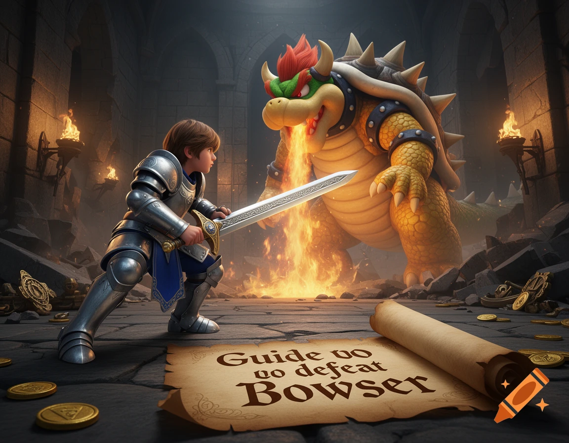 A young knight in shining armor with a sword faces a fire-breathing Bowser in a dark castle dungeon, with a scroll on the ground.