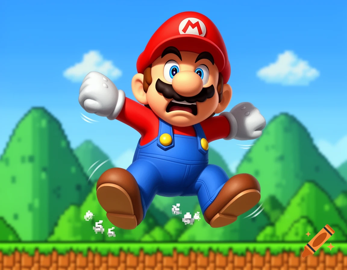 Vibrant cartoon Mario jumps in a classic Super Mario Bros. level, with small white pixelated elements falling beneath him.