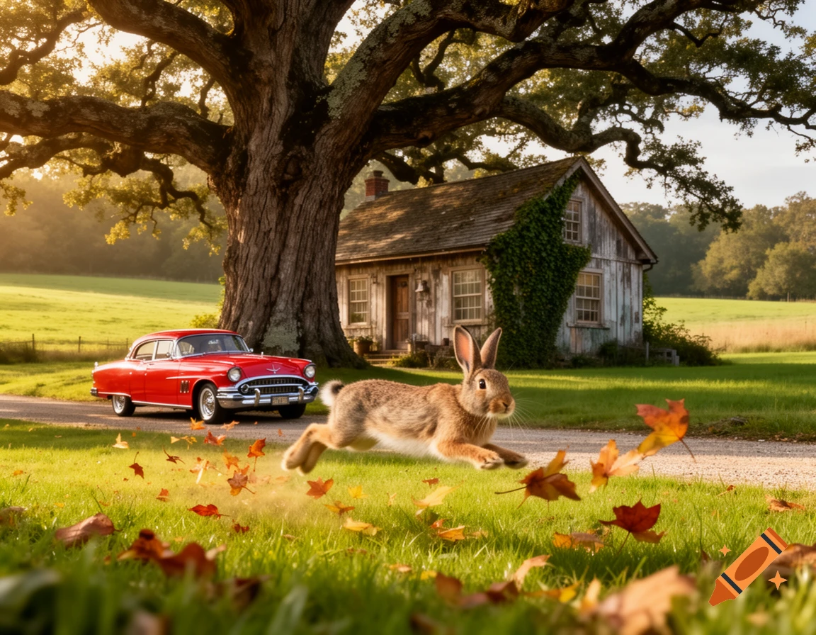 A photorealistic image of a rabbit leaping across a grassy lawn with autumn leaves, a red vintage car, and an old wooden house under a large oak tree.