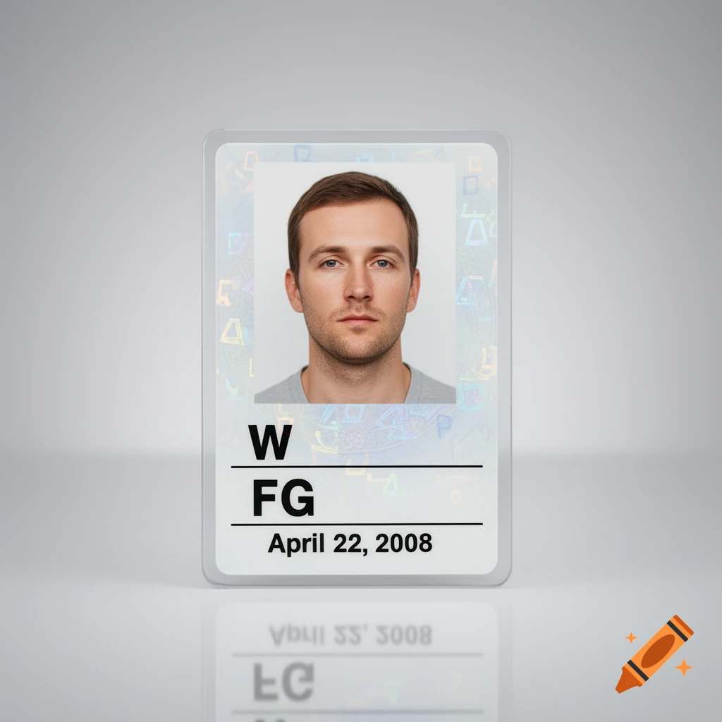 Photorealistic ID card with a headshot of a man, initials 'W FG', and 'April 22, 2008' visible.