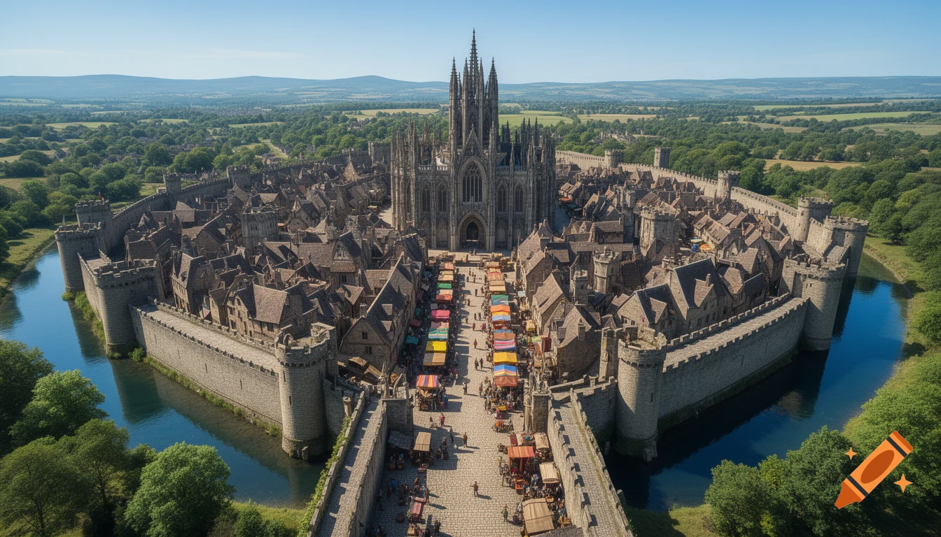 Aerial view of a medieval walled city surrounded by water, featuring a grand gothic cathedral, a bustling marketplace, and numerous stone buildings.