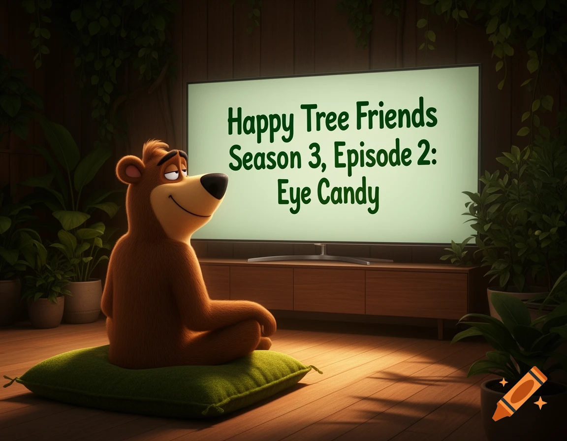A cartoon bear sits on a green pillow, watching 'Happy Tree Friends' on a TV in a dimly lit, plant-filled living room.