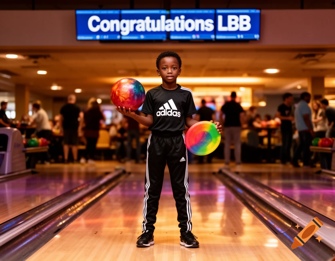 A young Black boy stands centered in a bowling alley, holding a colorful bowling ball and frisbee, with a 'Congratulations LBB' sign above.